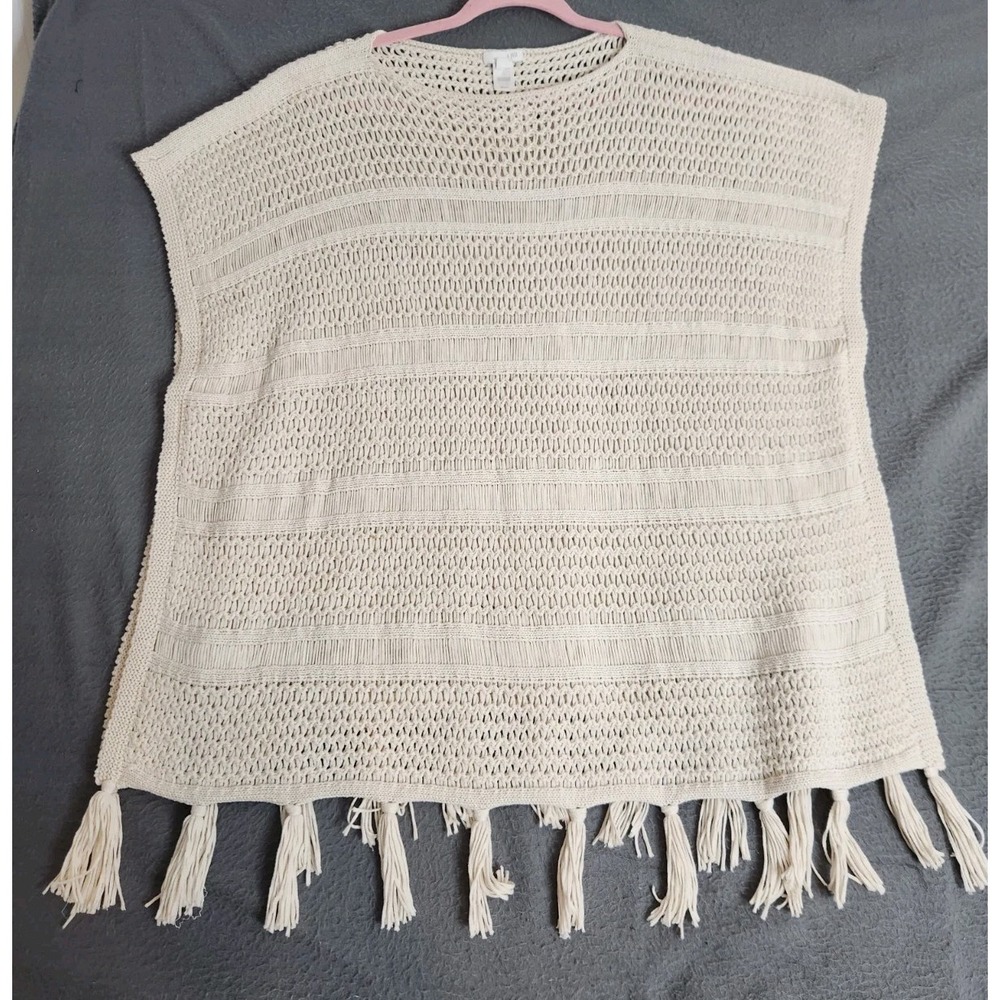 J.Jill Crochet Open Knit Beachy Kimono Cover Up Fringe Tasseled Beige Sz M/L